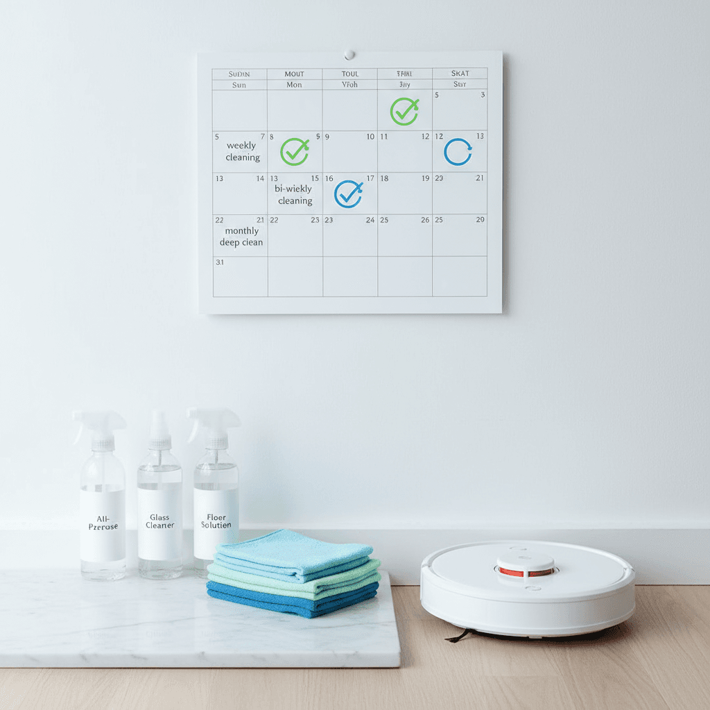 Calendar and cleaning supplies showing scheduled recurring cleaning service concept